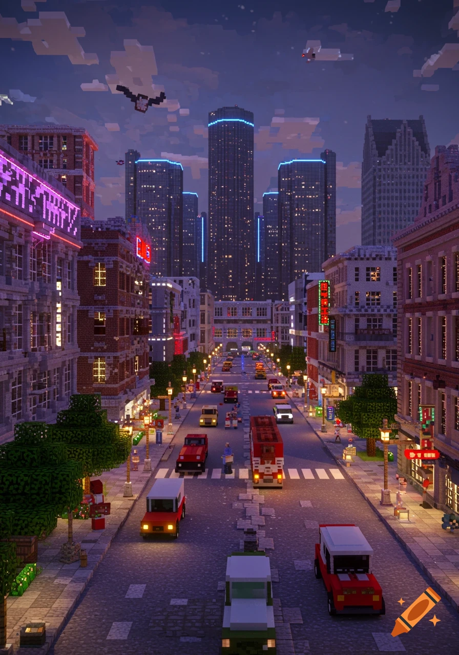 A pixelated Minecraft-style cityscape of Detroit at dusk, with towering skyscrapers, a busy street filled with blocky cars, and illuminated buildings.