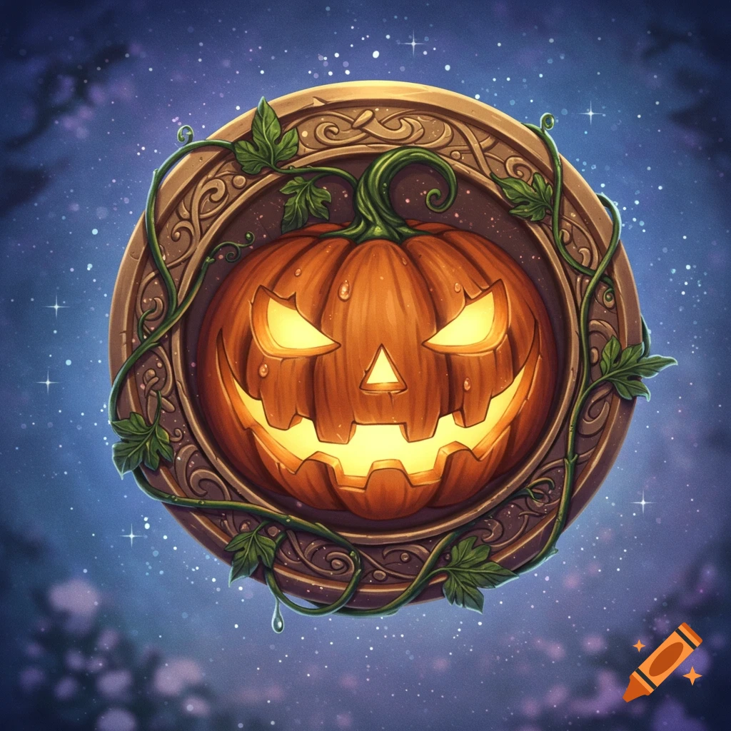 A glowing jack-o'-lantern carved into an ornate medallion with green vines, set against a starry night sky in an illustration style.