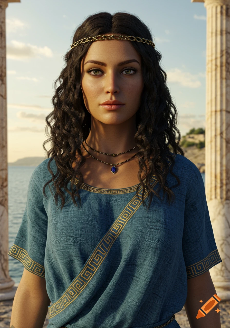 Photorealistic portrait of a Trojan princess with dark wavy hair and a blue tunic, by marble columns and the sea.