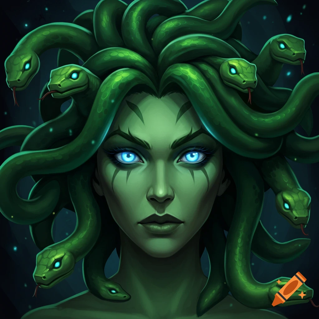 A close-up of a green-skinned Medusa with glowing blue eyes and vibrant green snakes for hair, in a game art style.