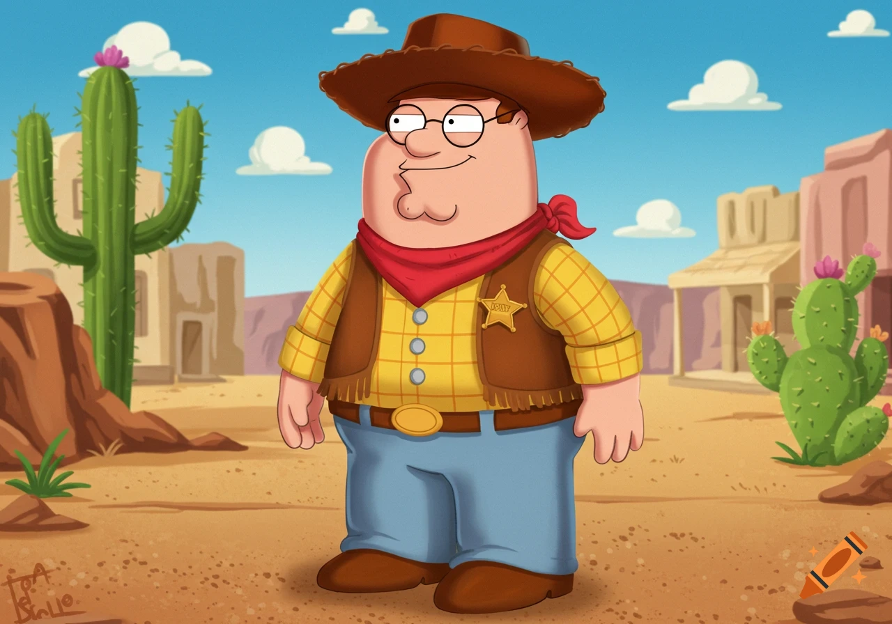 Cartoon of Peter Griffin dressed as Woody from Toy Story, wearing a cowboy hat, red bandana, and sheriff vest, standing in a desert town.