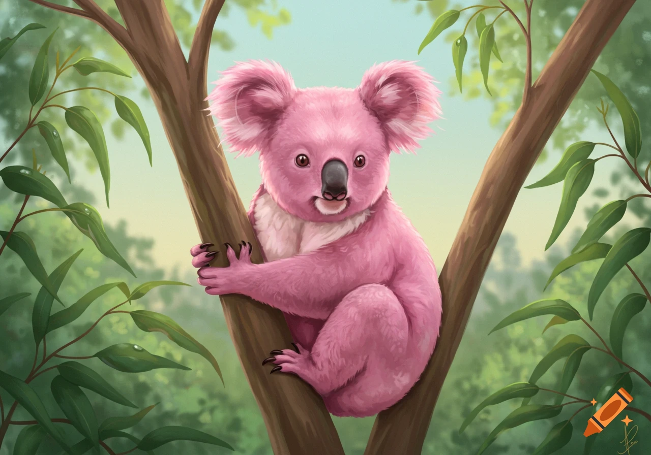 An illustrative fluffy pink koala with a black nose and brown eyes sits on a tree branch among green eucalyptus leaves.