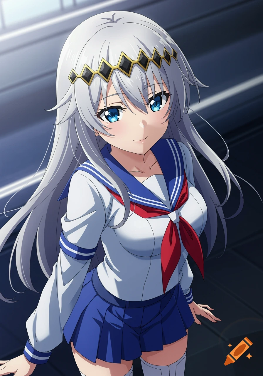 An anime girl with long silver hair and blue eyes, wearing a white sailor shirt, red neckerchief, blue pleated skirt, and a gold and black tiara.