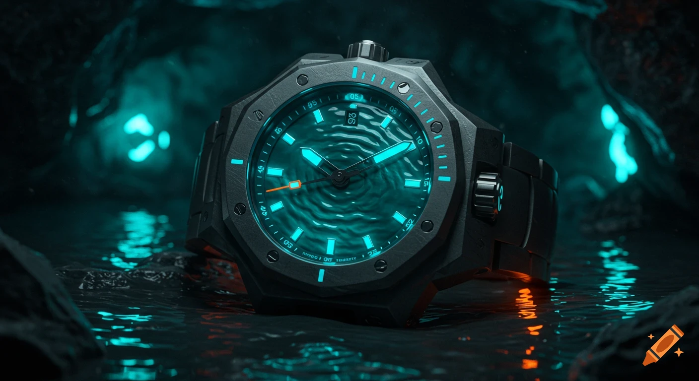 Close-up of a luxury dark gray titanium watch with a rippled teal dial and glowing cyan markers and hands, set in a mysterious, dimly lit cave with glowing cyan and orange reflections on water.