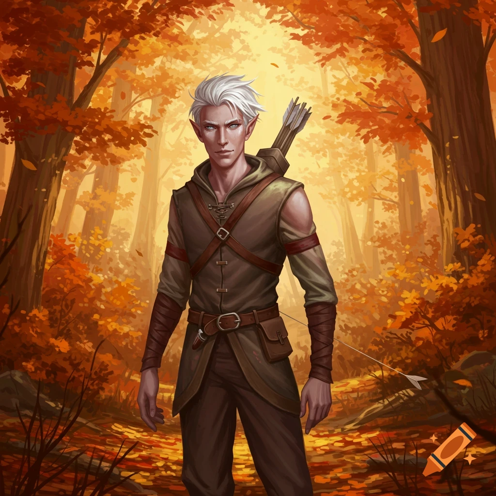 A white-haired elf-like ranger with pointed ears, in a brown tunic and quiver, stands in a vibrant autumn forest.