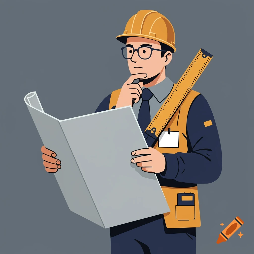 Illustrated architect in a hard hat and vest, holding blueprints and a ruler, contemplating.