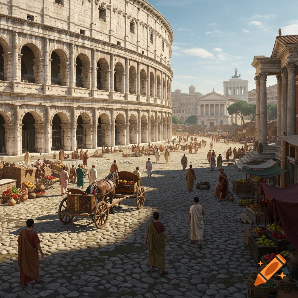 Photorealistic ancient Roman street scene with the Colosseum, citizens, and market stalls under a blue sky.