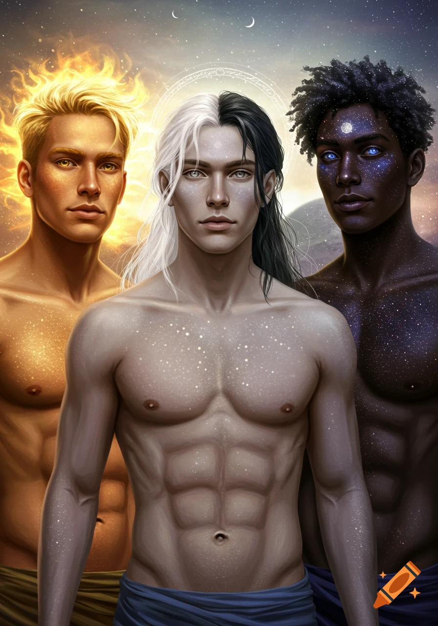 Three shirtless, muscular men representing sun, moon, and stars, with celestial features, against a cosmic sky.