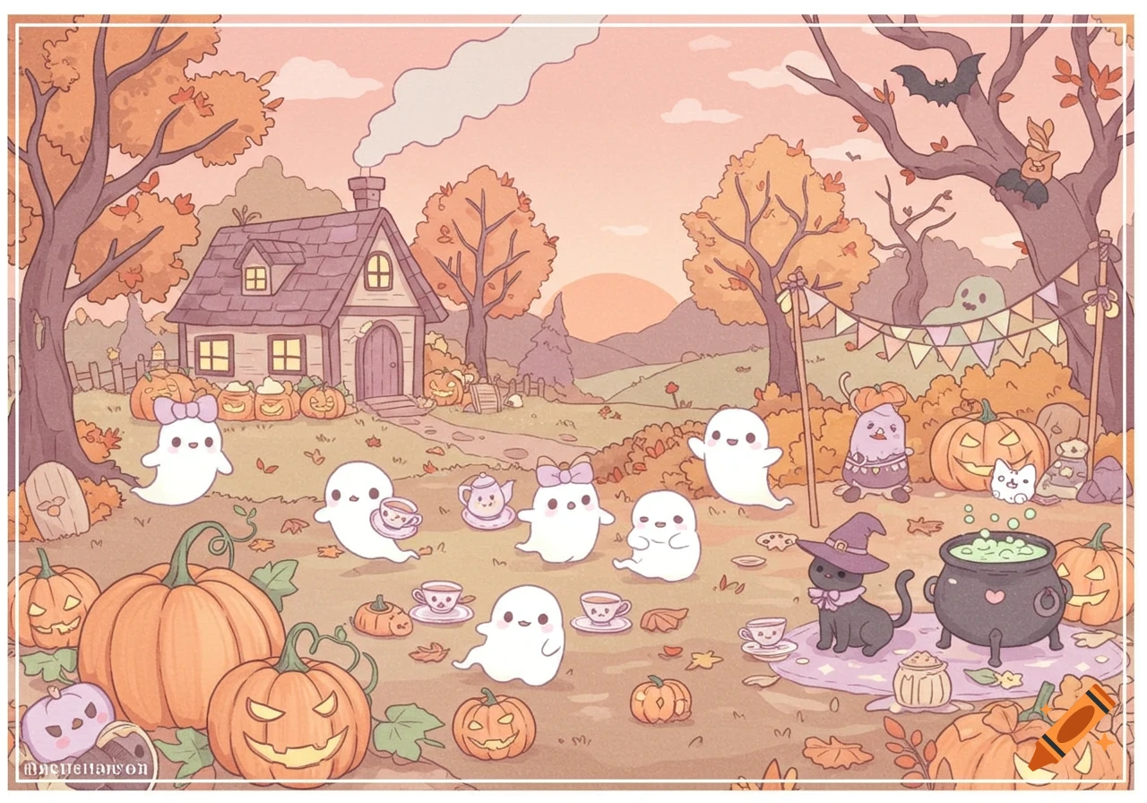 Kawaii Halloween illustration featuring cute ghosts, pumpkins, a black cat, and a cozy cottage amidst autumn foliage.