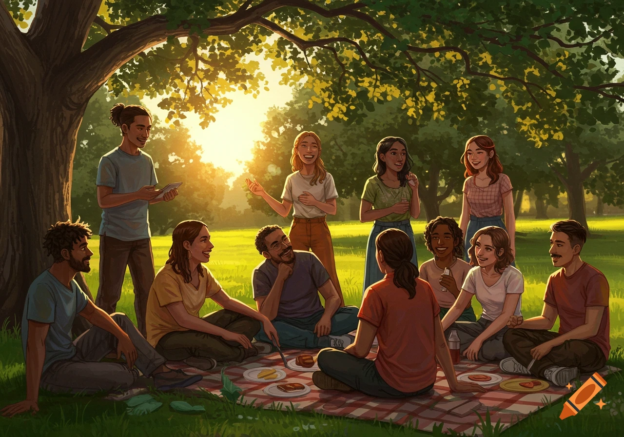 An illustration of a diverse group of friends having a picnic under a large tree in a sunny park.