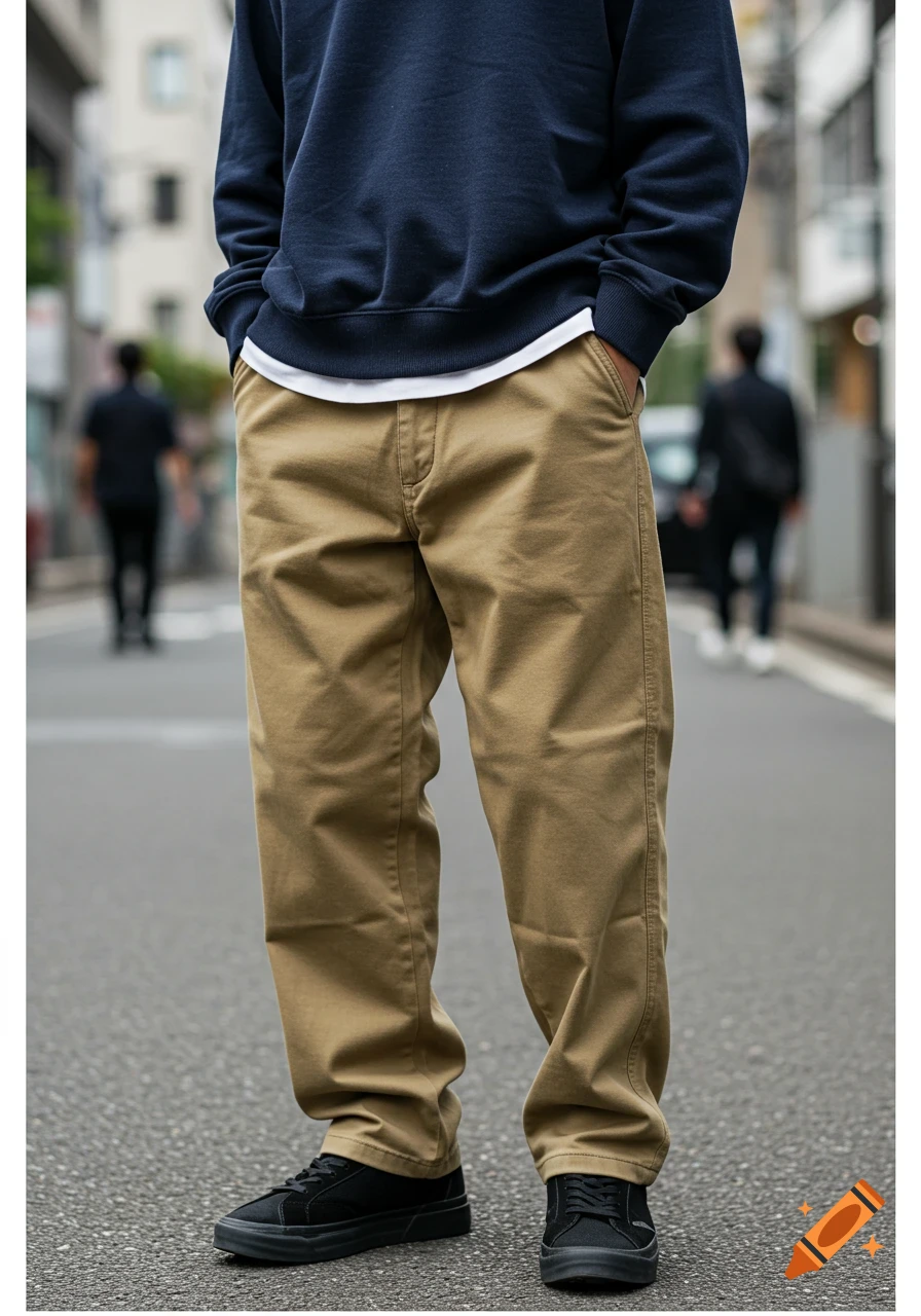 Close-up of a person in a navy blue sweatshirt, baggy khaki pants, and black sneakers on a street.