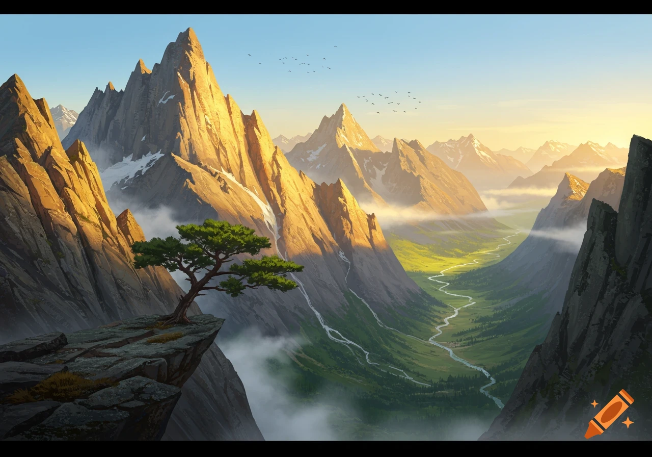 A majestic mountain range at sunrise, with a lone tree on a cliff overlooking a winding river through a lush green valley.