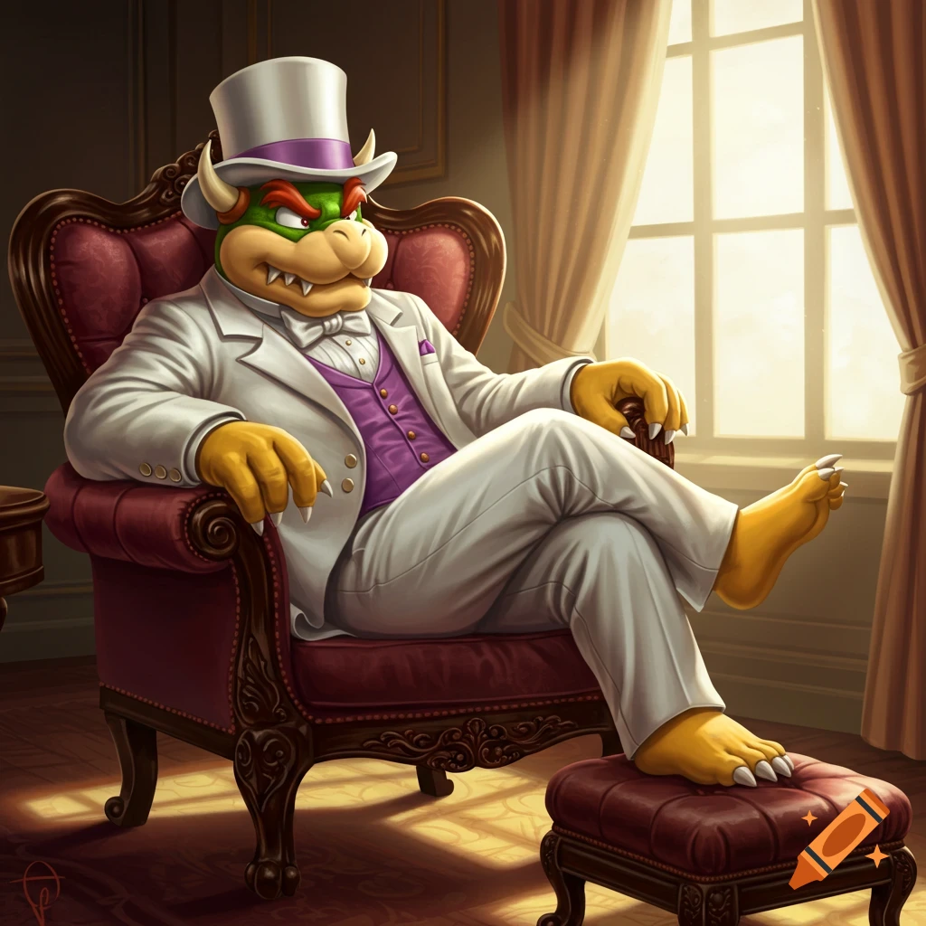 Bowser from Mario in a white suit, top hat, and purple waistcoat, relaxing in an armchair with his feet up in a fancy room.