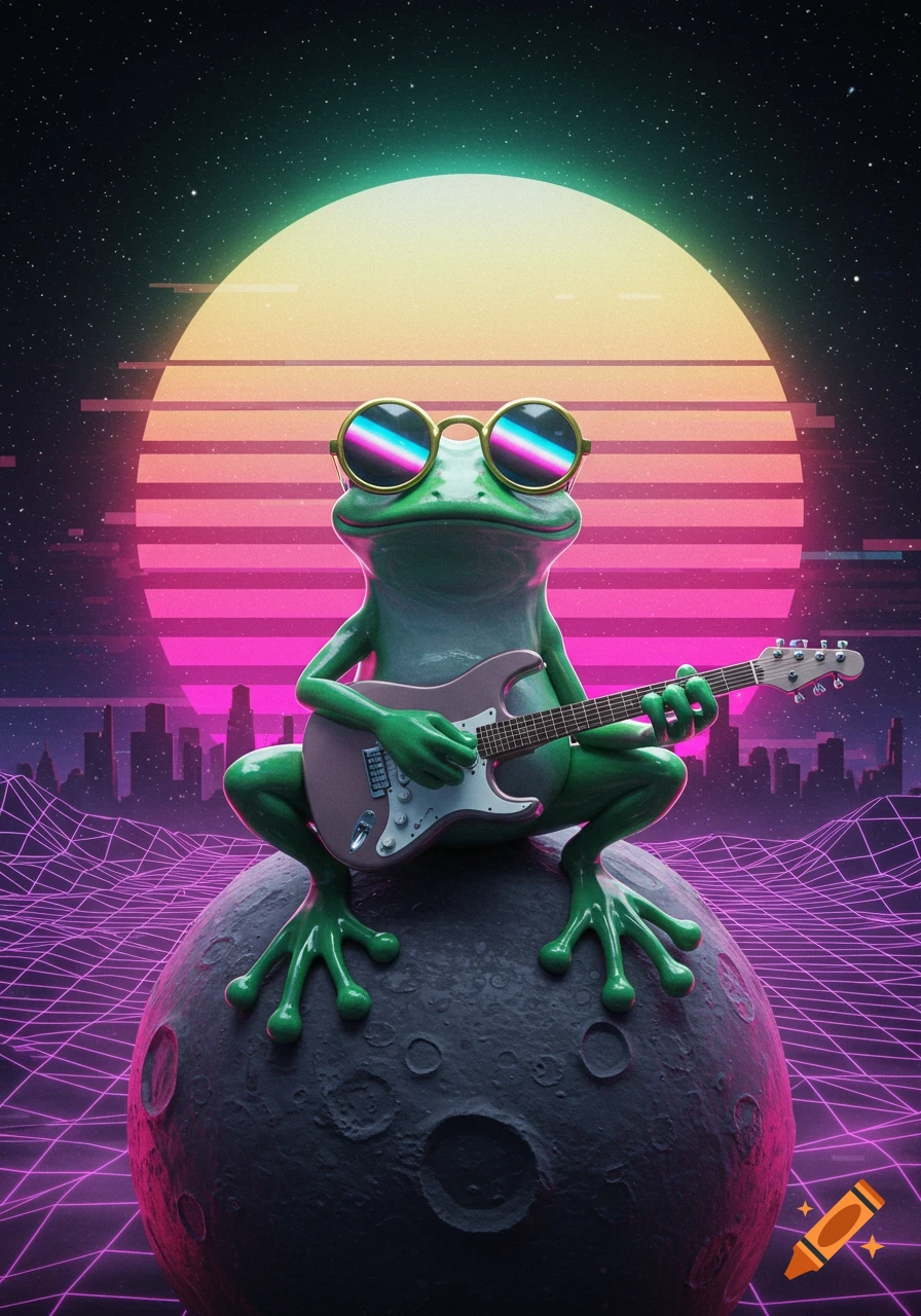 A cool frog wearing sunglasses plays an electric guitar while sitting on the moon, against a retro vaporwave sunset and city skyline.