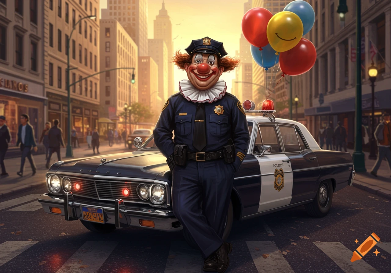 A smiling clown dressed as a police officer leans against a police car on a busy city street, holding red, yellow, and blue balloons.