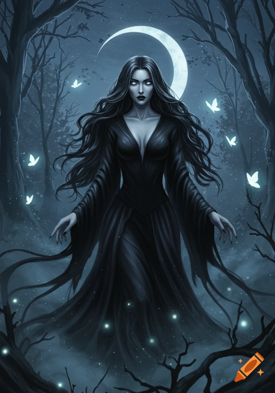 Gothic sorceress with long dark hair and glowing eyes in a black gown, standing in a misty forest at night under a crescent moon with glowing butterflies. Digital painting.