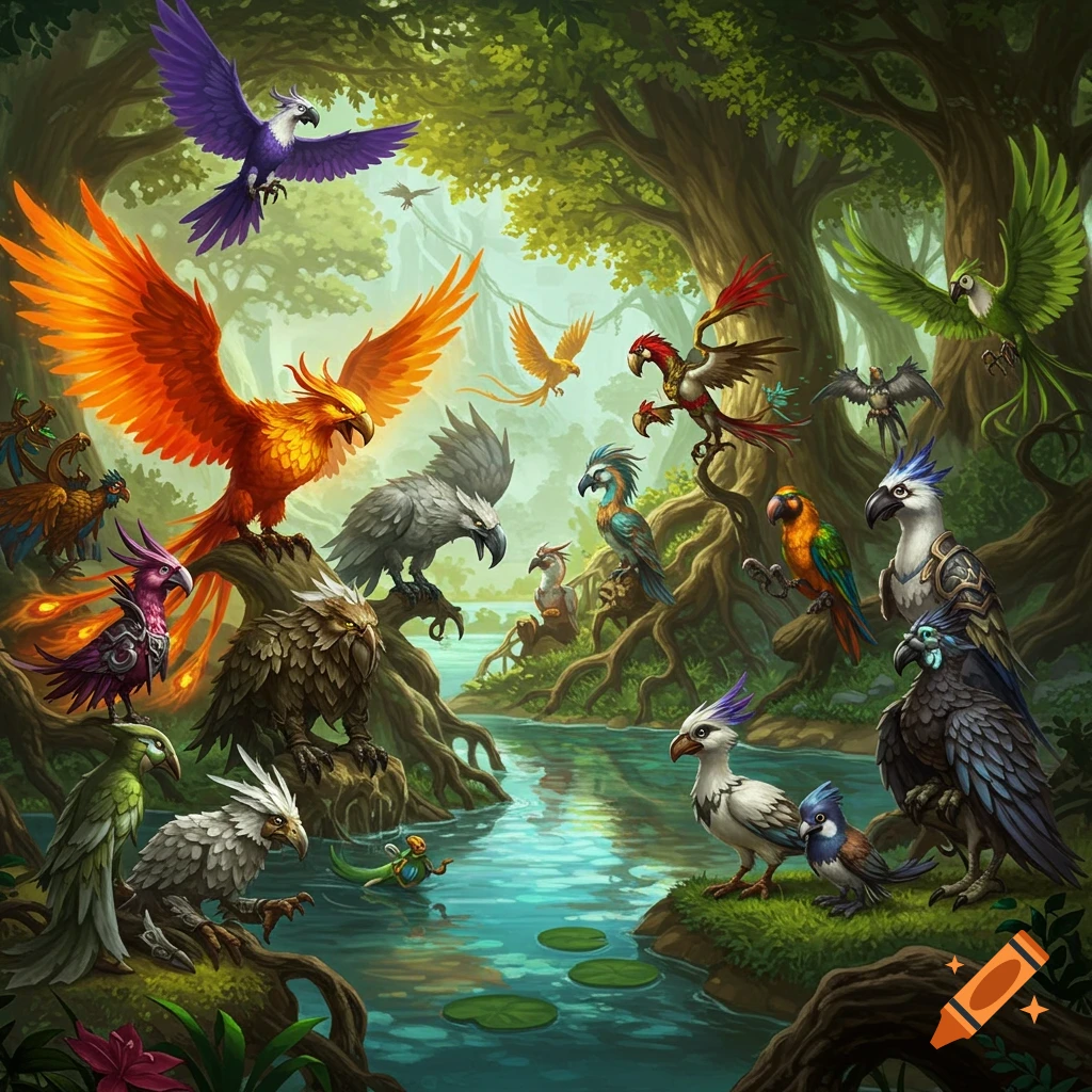 A vibrant, detailed fantasy illustration of many colorful birds, some flying, some perched in a lush forest by a flowing river.