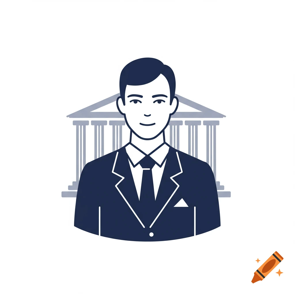 A simple drawing of a man in a dark suit and tie, smiling, in front of a building with columns, on a white background.