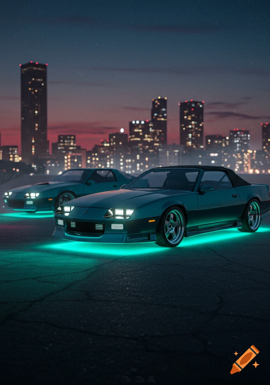 Two teal Camaros with glowing neon underglow are parked on asphalt at night, with a city skyline behind them.