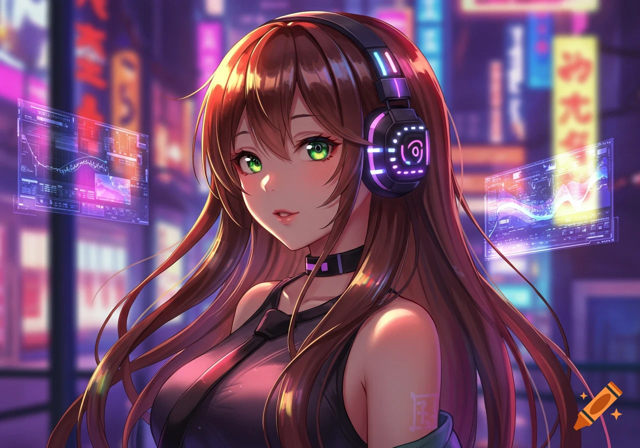 A vibrant anime girl with long brown hair, green eyes, and a glowing headset, against a blurred cyberpunk city background with neon lights and holographic screens.