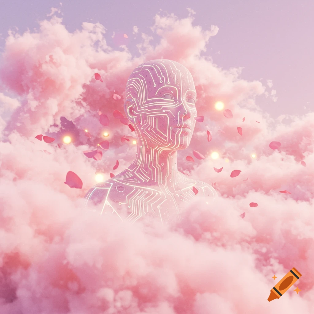 A circuit-patterned humanoid figure emerges from pink clouds with floating rose petals and glowing lights, in a dreamy, pastel style.