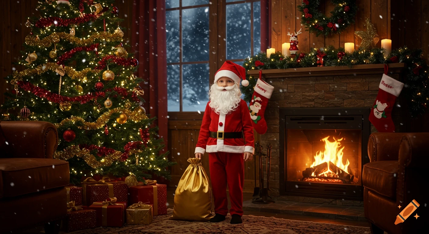 Photorealistic image of a child in a Santa suit holding a golden gift bag in a festive living room with a Christmas tree and fireplace.