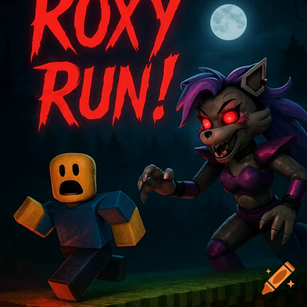 Roblox noob running in fear from Roxanne Wolf under a full moon, with the title "ROXY RUN!" in scary red font.