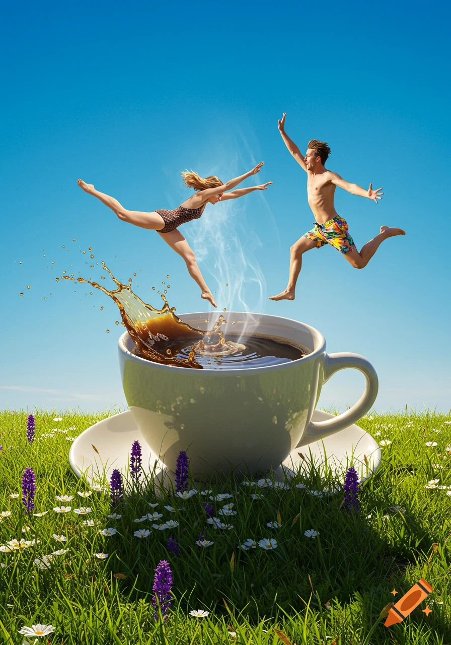 A man and a woman in swimwear jump over a giant steaming coffee cup overflowing with coffee, set in a sunny field of grass and wildflowers.