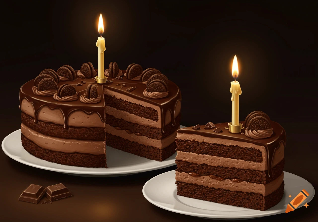 A rich chocolate birthday cake with a slice cut out, both topped with lit candles, chocolate glaze, and cookies, on white plates against a dark background, with chocolate squares nearby.
