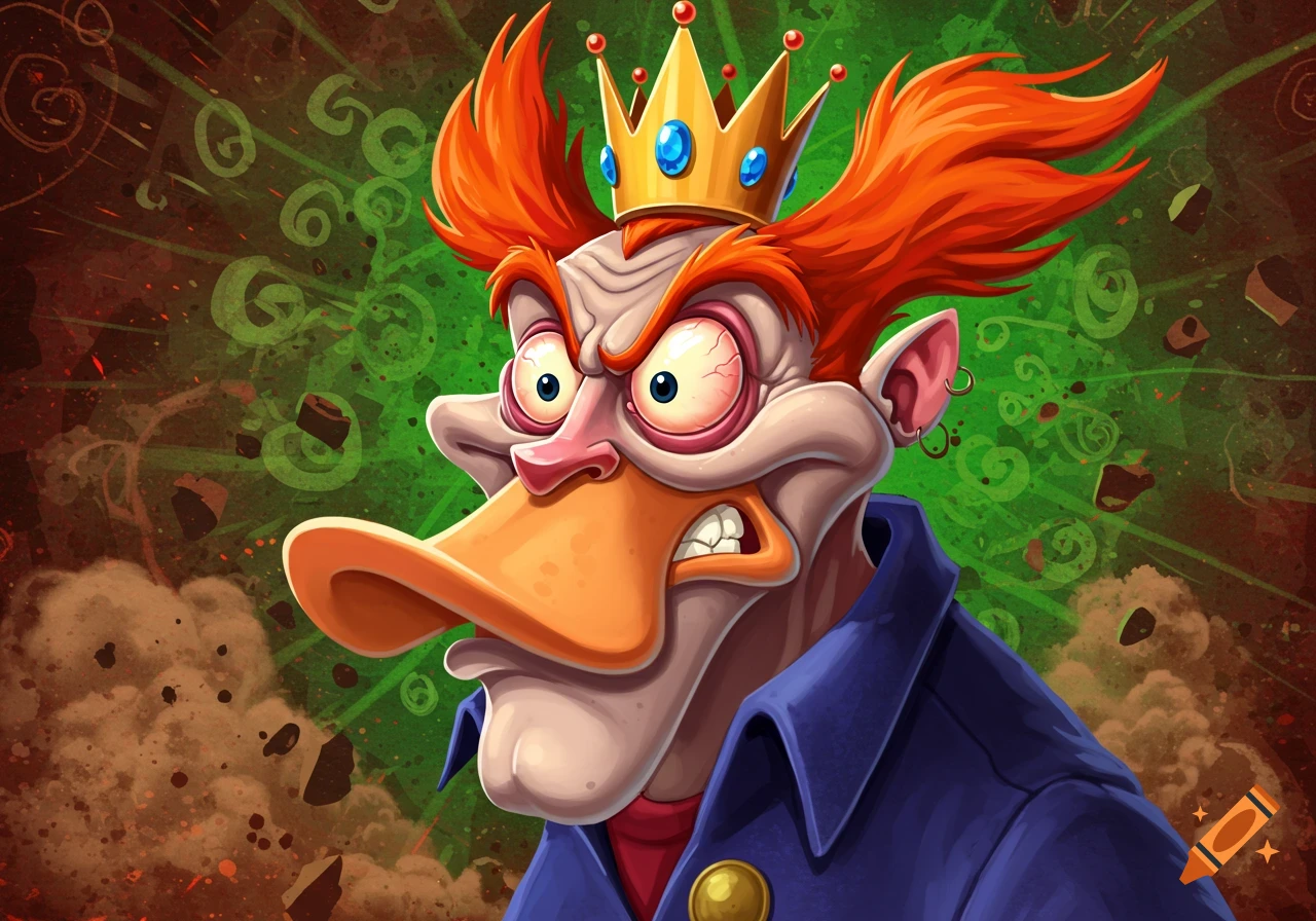 Cartoonish angry man with a duck bill, spiky orange hair, a golden crown, and bloodshot eyes, in Ren and Stimpy style.