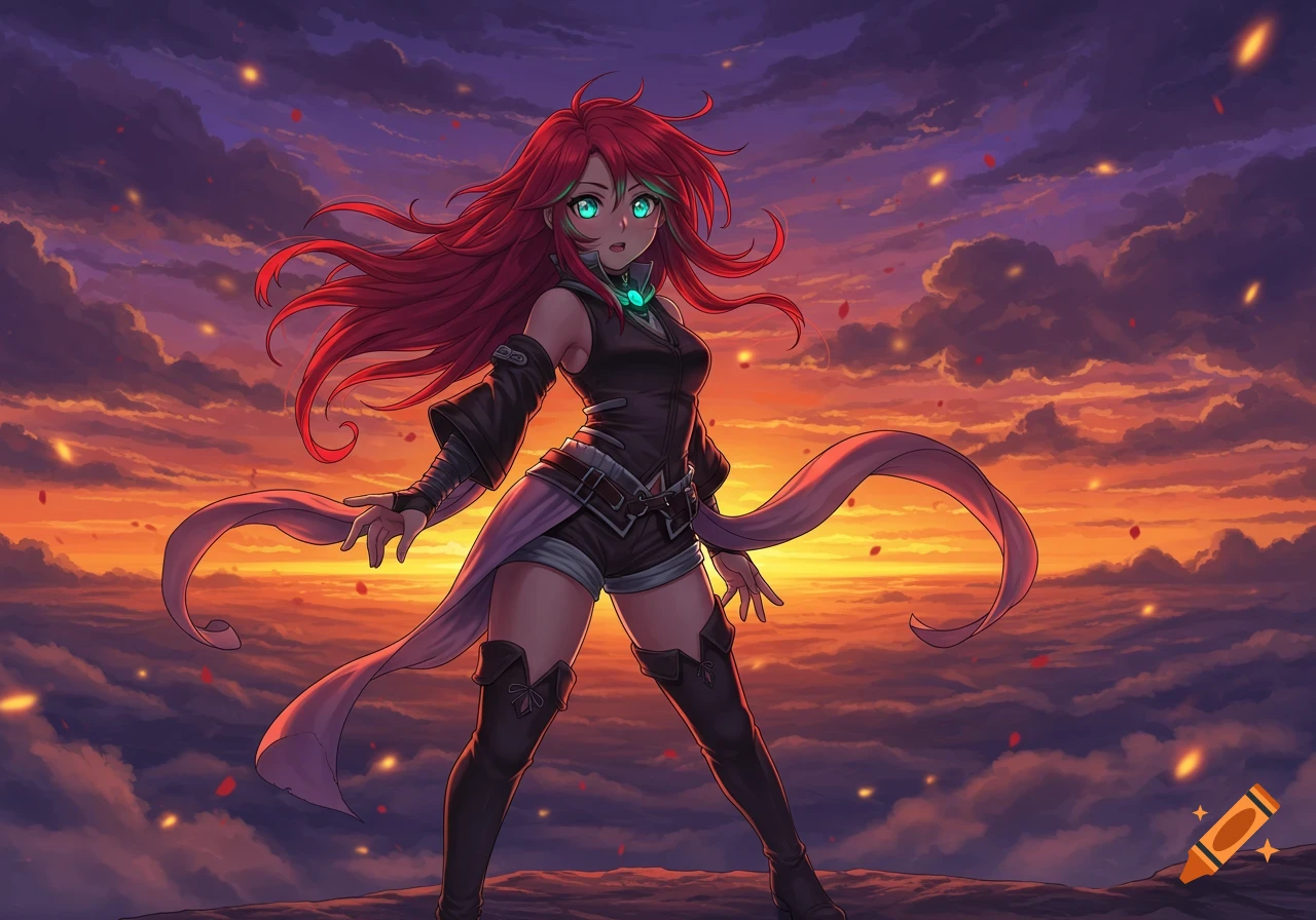 Red-haired anime girl with glowing blue eyes in dark fantasy outfit, standing against a vibrant sunset sky.