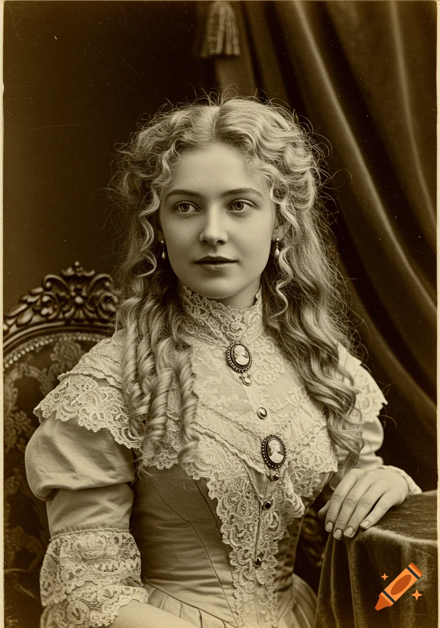 A vintage sepia portrait of a young blonde woman with curly hair wearing a lace Victorian dress with cameo brooches.