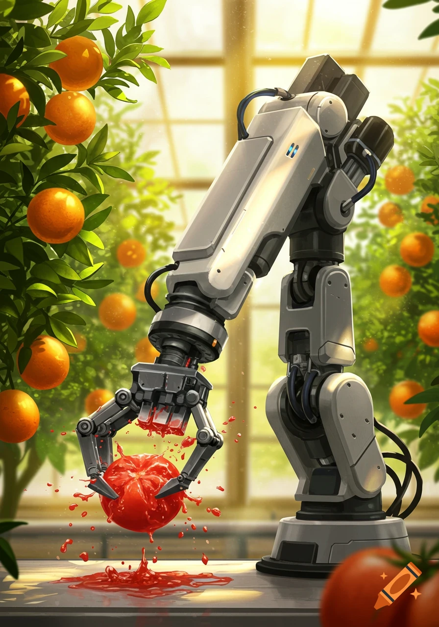 A grey robotic arm crushes a red tomato, splattering pulp onto a surface in a sunny greenhouse with orange trees.