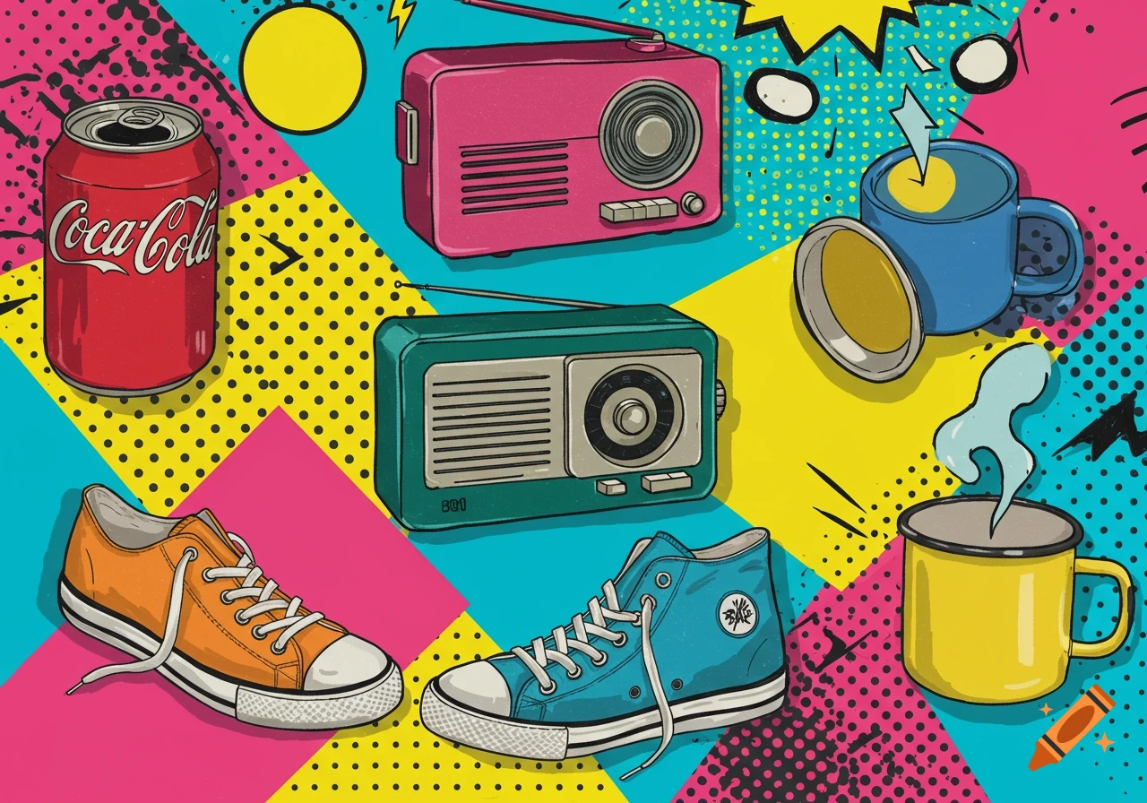 A vibrant pop art collage of a Coca-Cola can, two retro radios, two sneakers, and two mugs on a colorful patterned background.