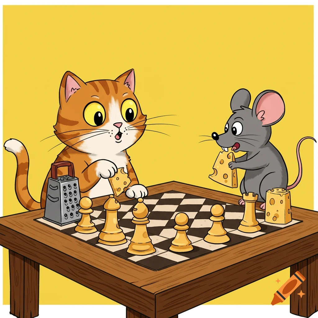 A cartoon ginger cat and a grey mouse play chess on a wooden table. The cat holds a cheese piece with a grater nearby; the mouse bites a cheese chess piece.