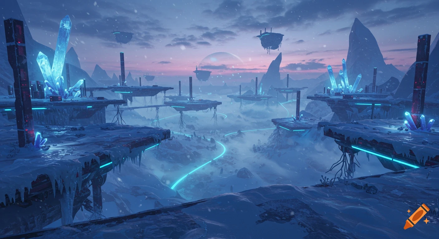 A twilight, snowy futuristic landscape with glowing blue crystals, metallic structures, floating platforms, and neon rivers under a purple sky.