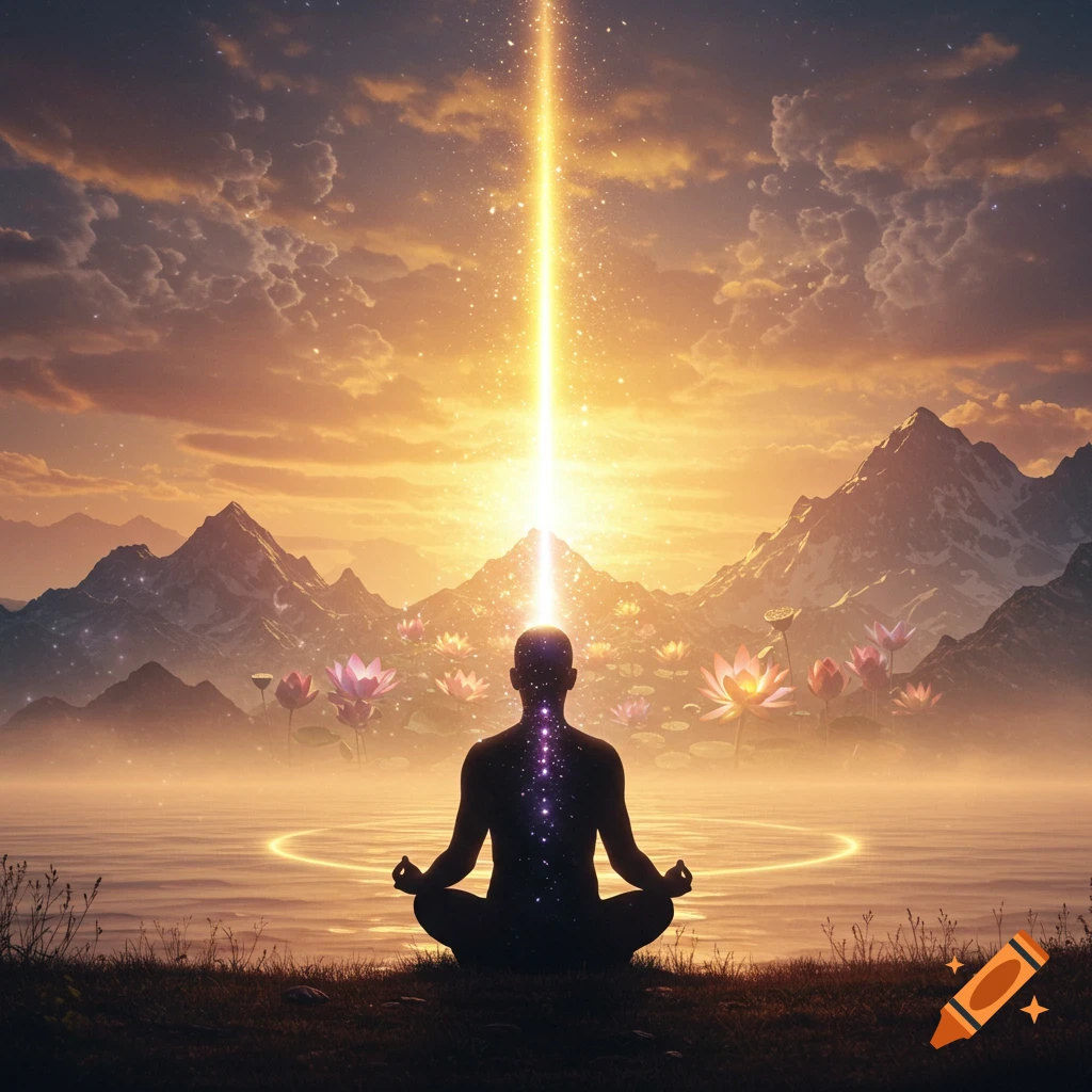 Silhouetted figure meditating in lotus pose under a golden sky, with a light beam from their head, surrounded by mountains and glowing lotus flowers.