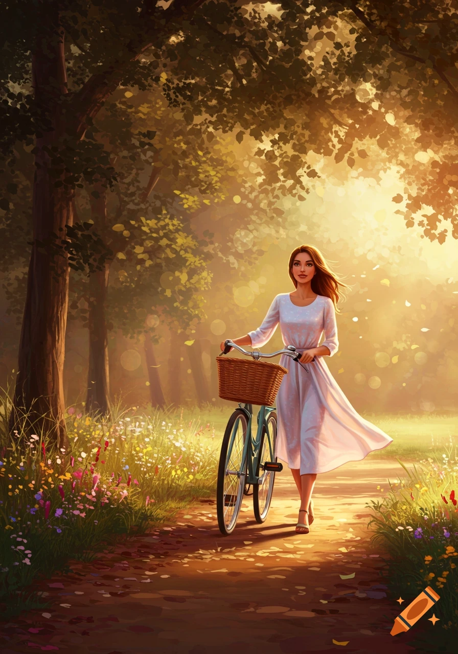 An illustrated woman in a white dress walks a bike down a sun-dappled forest path with wildflowers.