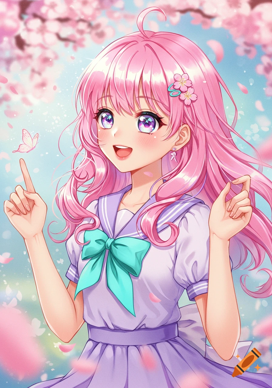 A cute anime girl with pink hair and purple eyes smiles, pointing at a butterfly among falling cherry blossoms in a vibrant spring scene.