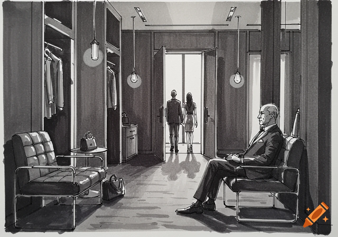 Monochrome sketch drawing of a man in a suit waiting in a lounge while a couple walks out of a changing room.