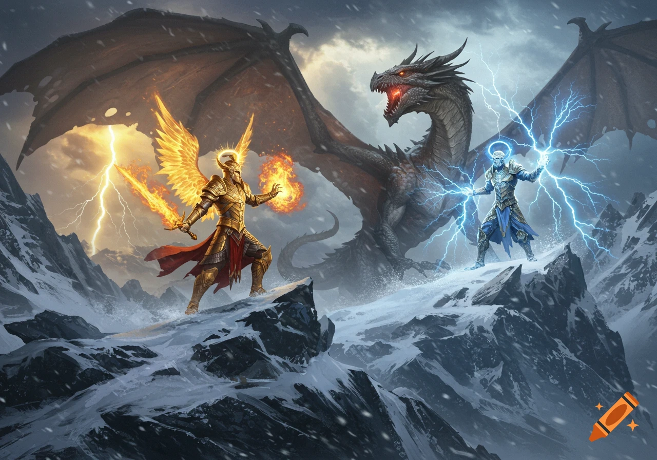 Two armored gods, one golden with fire and one blue with lightning, battle a fierce black dragon on a snowy mountain.