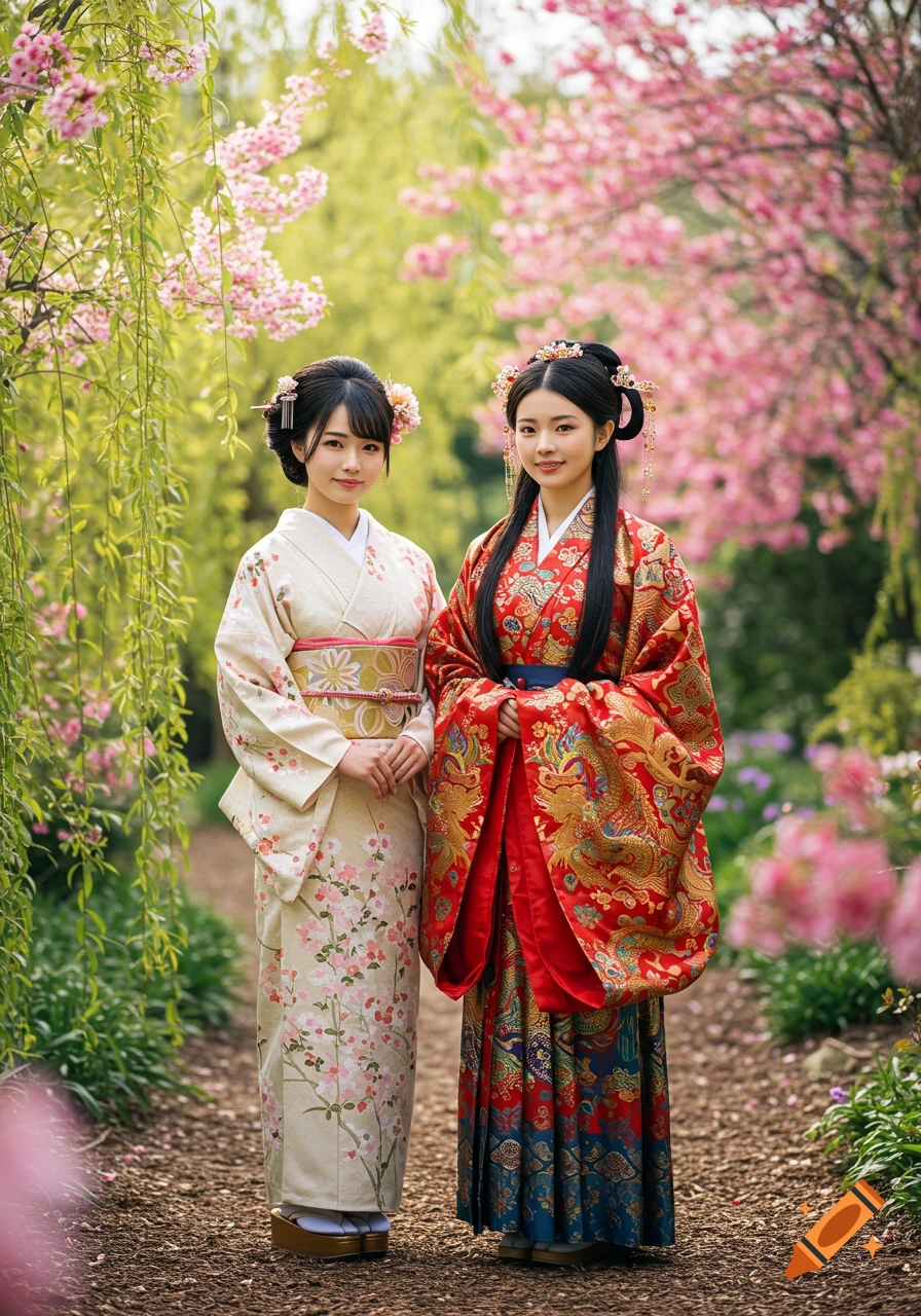 Two women in traditional Japanese kimono and Chinese hanfu stand in a cherry blossom garden.