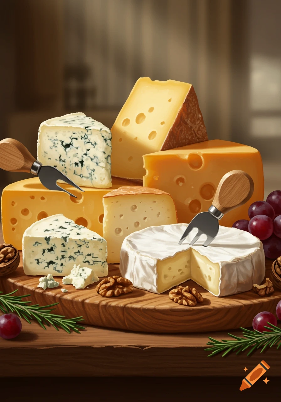 A photorealistic cheese board with various cheeses, walnuts, grapes, and rosemary on a wooden table.