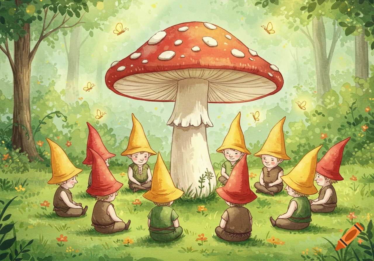 Watercolor illustration of small gnomes with pointed hats sitting in a circle around a large red toadstool in a forest.