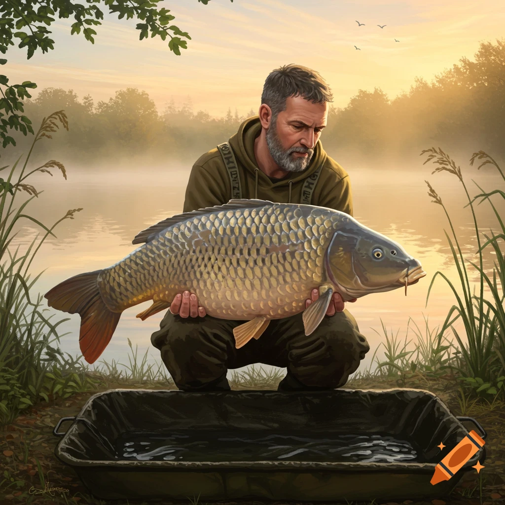 A detailed illustration of a man kneeling by a misty lake, holding a large carp over a mat at sunrise.