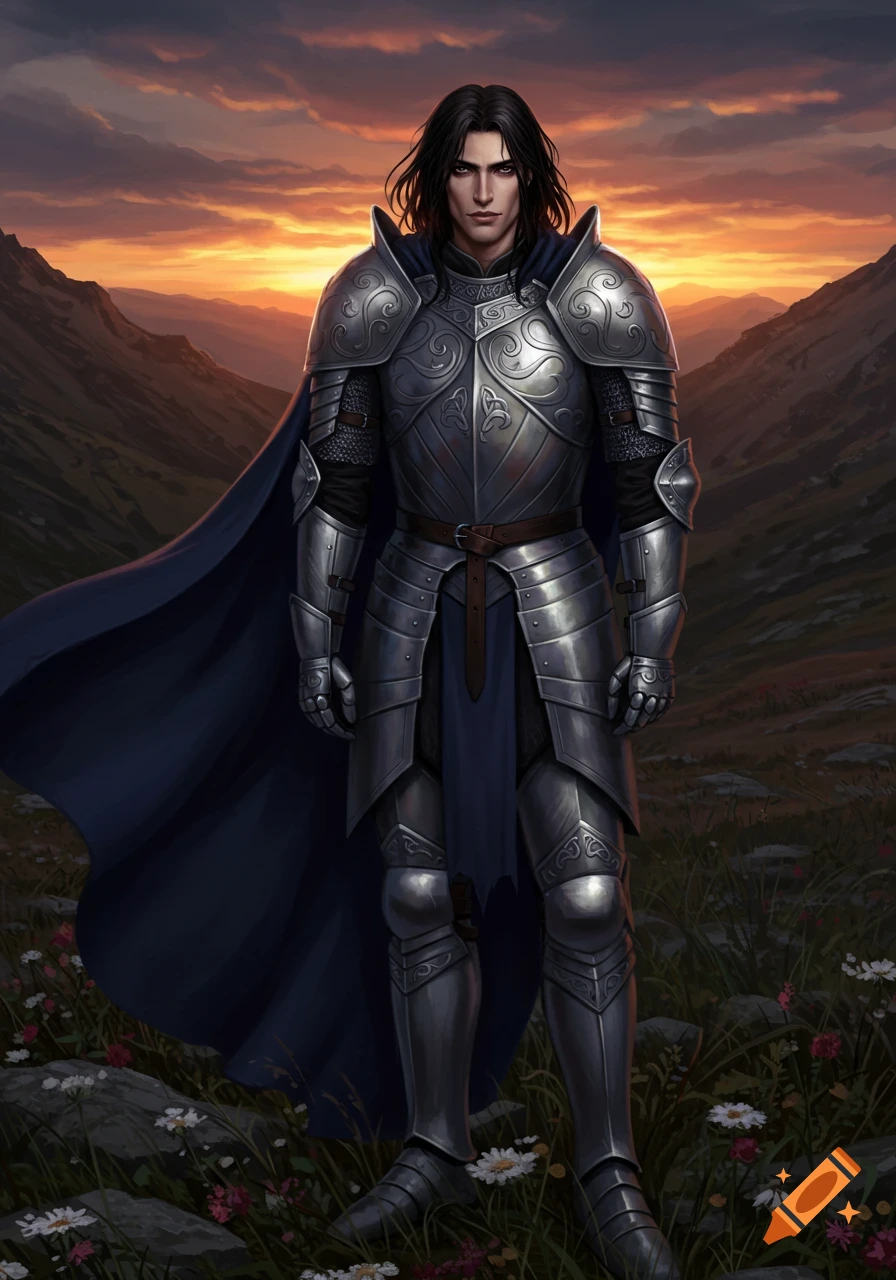 A young knight with long black hair, in full plate armor and a dark blue cape, stands in a field of wildflowers at sunset in a mountain valley.