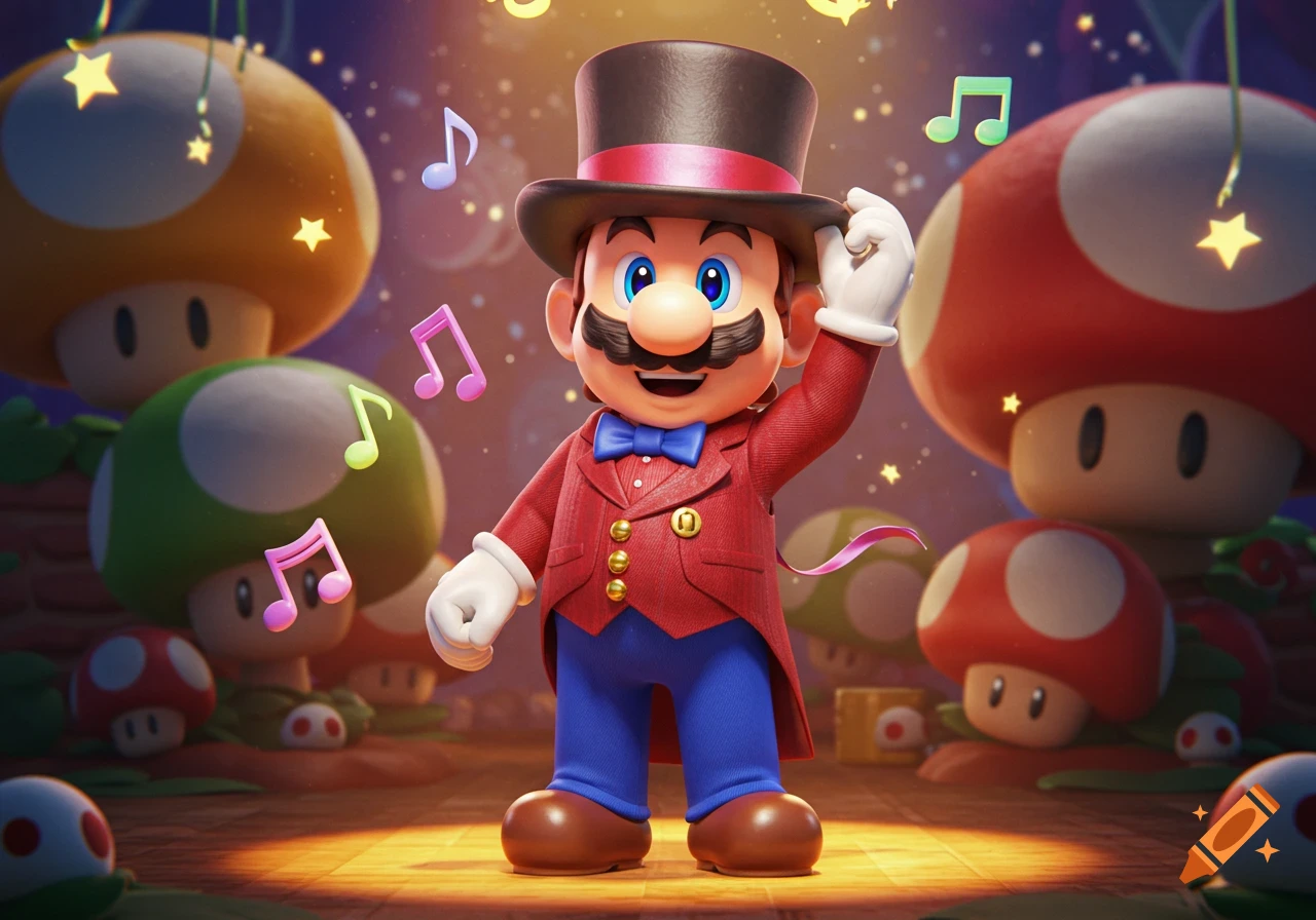 Mario in a red tuxedo and top hat, holding his hat, surrounded by colorful mushrooms, musical notes, and glowing stars in a magical, cartoonish setting.