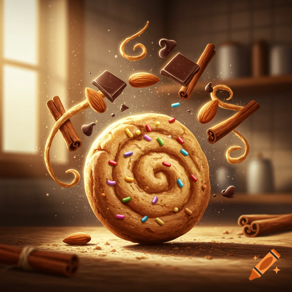 A spiral cookie with colorful sprinkles, cinnamon sticks, almonds, and chocolate squares floating in a softly lit kitchen.