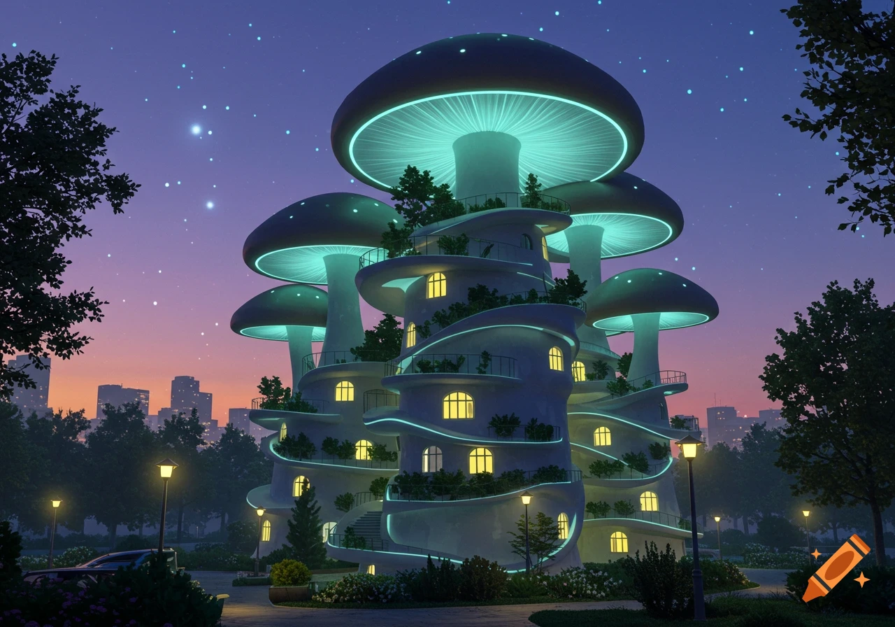 A whimsical mushroom-shaped apartment building with glowing caps and many windows, set against a starry purple-orange twilight sky with a distant city.