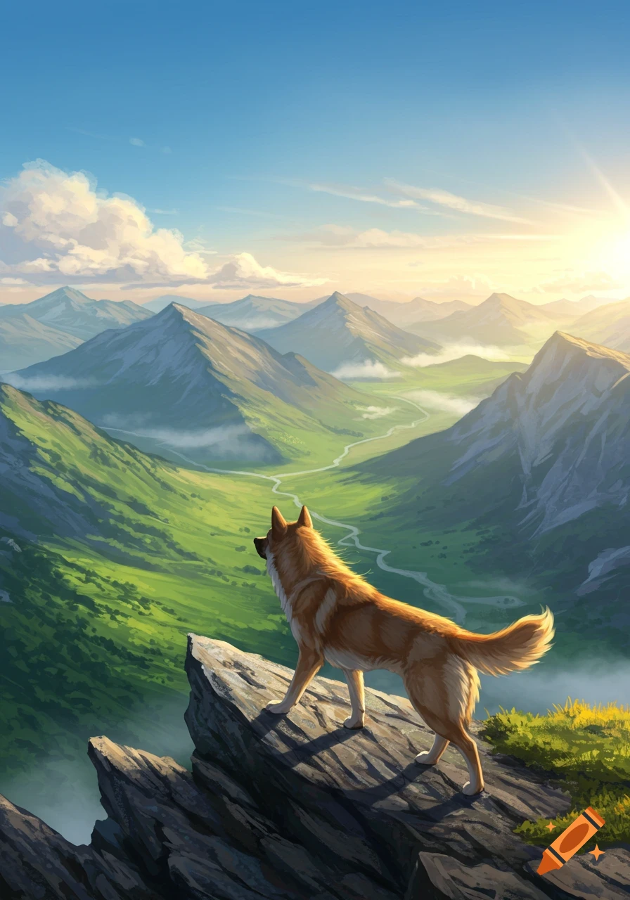 A brown dog stands on a rocky cliff, looking out over a vast green mountain valley with a winding river and a bright sunny sky.